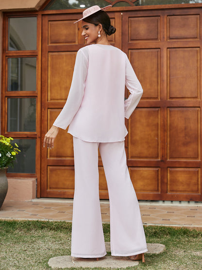 Macacão de Calça de Manga Longa em Chiffon com Babados e Casaco