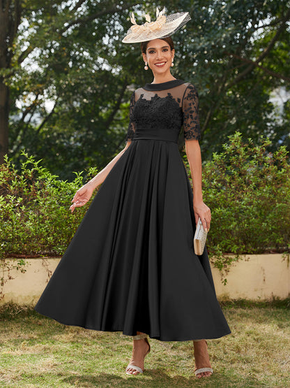 Vestidos Longos de Noite com Mangas Meio Comprimento e Gola Redonda Bordados em Estilo A-Line/Princesa até o Tornozelo