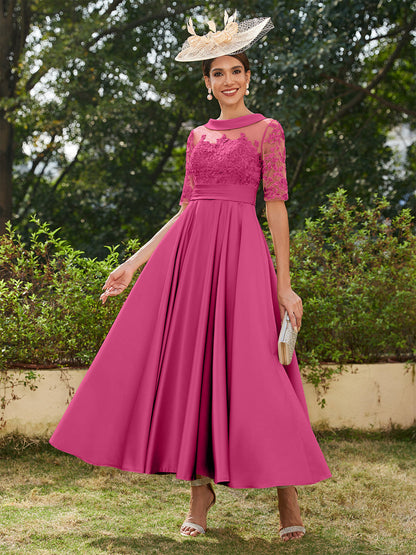 Vestidos Longos de Noite com Mangas Meio Comprimento e Gola Redonda Bordados em Estilo A-Line/Princesa até o Tornozelo