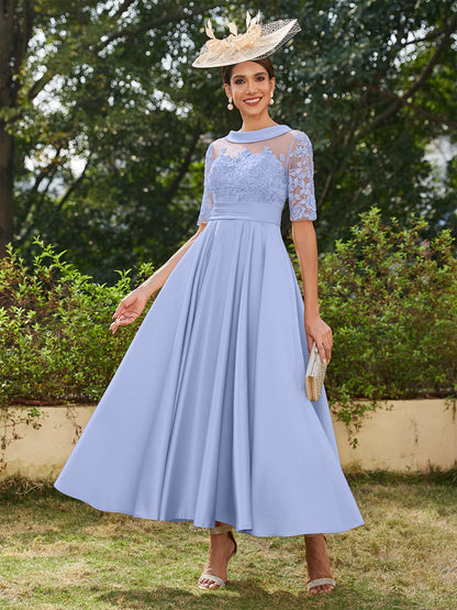 Vestidos Longos de Noite com Mangas Meio Comprimento e Gola Redonda Bordados em Estilo A-Line/Princesa até o Tornozelo