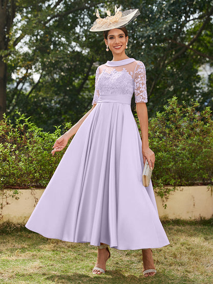 Vestidos Longos de Noite com Mangas Meio Comprimento e Gola Redonda Bordados em Estilo A-Line/Princesa até o Tornozelo