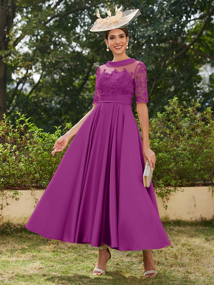 Vestidos Longos de Noite com Mangas Meio Comprimento e Gola Redonda Bordados em Estilo A-Line/Princesa até o Tornozelo