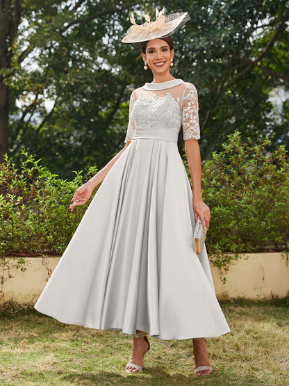 Vestidos Longos de Noite com Mangas Meio Comprimento e Gola Redonda Bordados em Estilo A-Line/Princesa até o Tornozelo