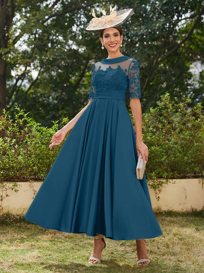 Vestidos Longos de Noite com Mangas Meio Comprimento e Gola Redonda Bordados em Estilo A-Line/Princesa até o Tornozelo