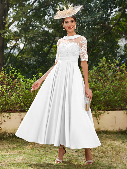 Vestidos Longos de Noite com Mangas Meio Comprimento e Gola Redonda Bordados em Estilo A-Line/Princesa até o Tornozelo