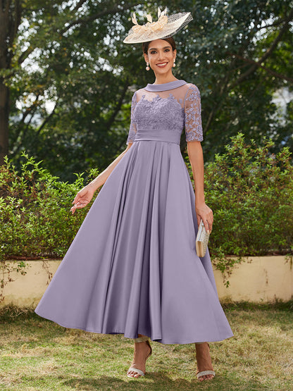 Vestidos Longos de Noite com Mangas Meio Comprimento e Gola Redonda Bordados em Estilo A-Line/Princesa até o Tornozelo