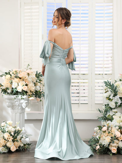 Vestidos de Baile de Cetim de Seda com Ombros de Fora Sem Mangas e Laterais Divididas