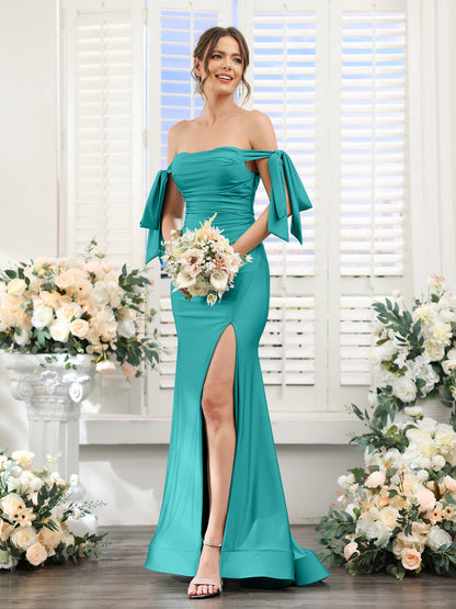Vestidos de Baile de Cetim de Seda com Ombros de Fora Sem Mangas e Laterais Divididas