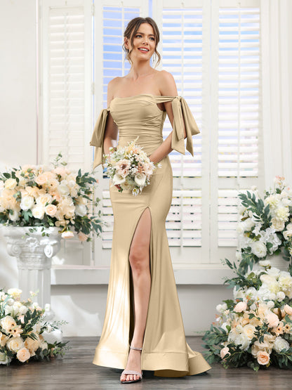 Vestidos de Baile de Cetim de Seda com Ombros de Fora Sem Mangas e Laterais Divididas
