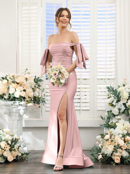 Vestidos de Baile de Cetim de Seda com Ombros de Fora Sem Mangas e Laterais Divididas