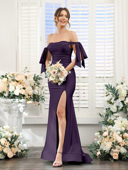 Vestidos de Baile de Cetim de Seda com Ombros de Fora Sem Mangas e Laterais Divididas