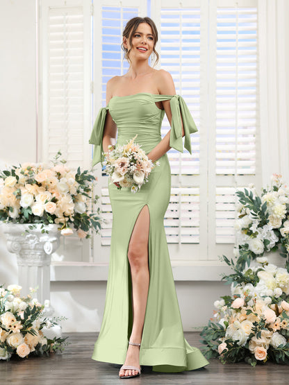 Vestidos de Baile de Cetim de Seda com Ombros de Fora Sem Mangas e Laterais Divididas