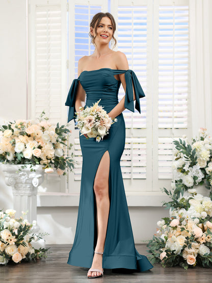 Vestidos de Baile de Cetim de Seda com Ombros de Fora Sem Mangas e Laterais Divididas