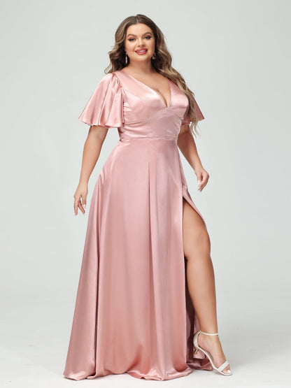 Vestidos de Dama de Honra com Decote Em V Meia Manga Cetim de Seda Plus Size com Bolsos