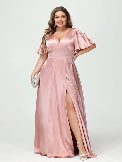 Vestidos de Dama de Honra com Decote Em V Meia Manga Cetim de Seda Plus Size com Bolsos