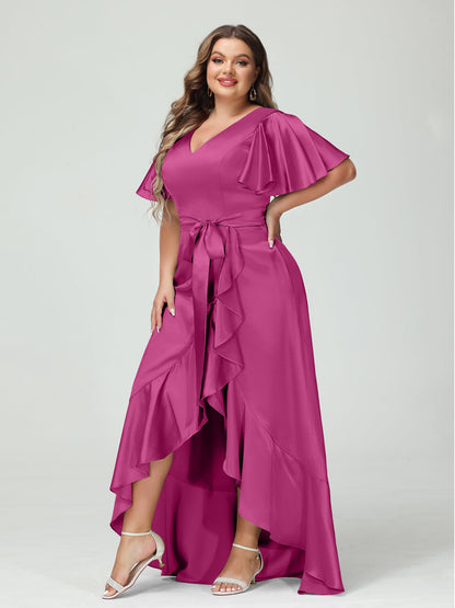 Bainha/Coluna Decote Em V Manga Curta Babados Assimétrico Vestidos Plus Size com Bolsos e Faixas