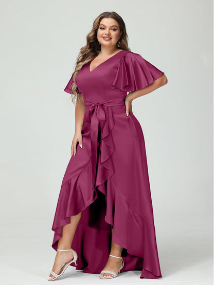 Bainha/Coluna Decote Em V Manga Curta Babados Assimétrico Vestidos Plus Size com Bolsos e Faixas