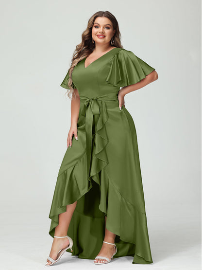 Bainha/Coluna Decote Em V Manga Curta Babados Assimétrico Vestidos Plus Size com Bolsos e Faixas