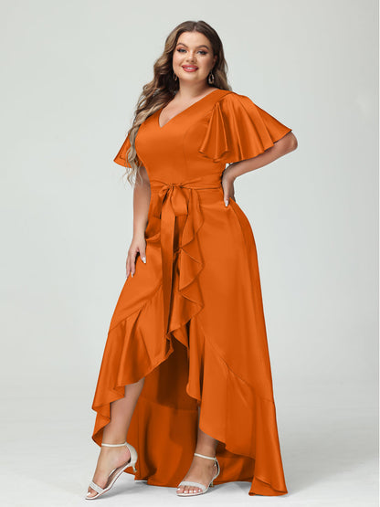 Bainha/Coluna Decote Em V Manga Curta Babados Assimétrico Vestidos Plus Size com Bolsos e Faixas