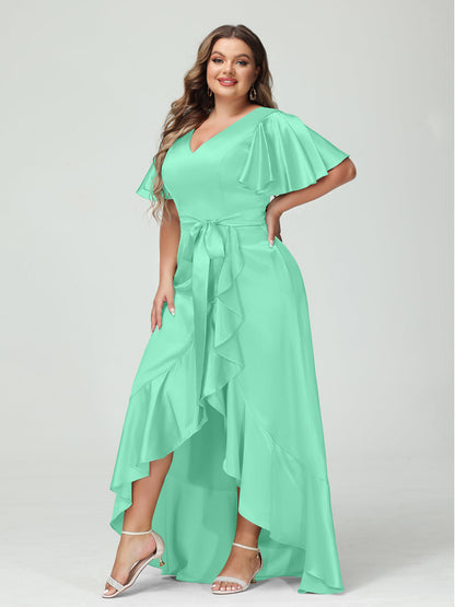 Bainha/Coluna Decote Em V Manga Curta Babados Assimétrico Vestidos Plus Size com Bolsos e Faixas