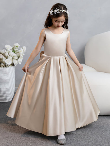 Vestidos de Flores de Cetim com Gola Redonda e Laço