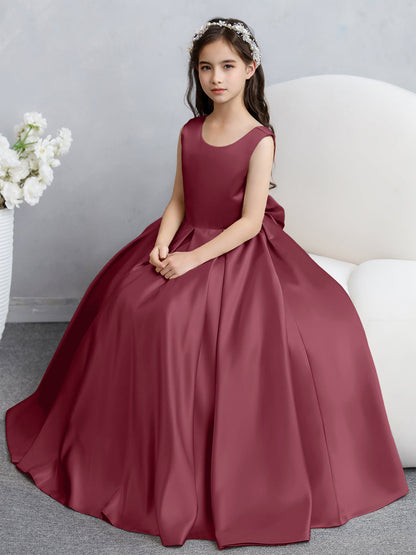Vestidos de Flores de Cetim com Gola Redonda e Laço