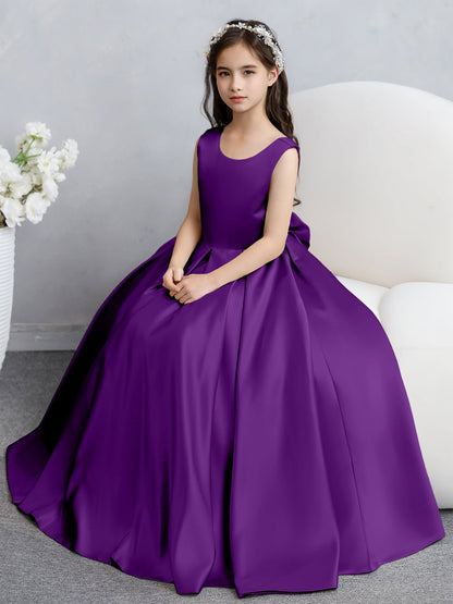 Vestidos de Flores de Cetim com Gola Redonda e Laço