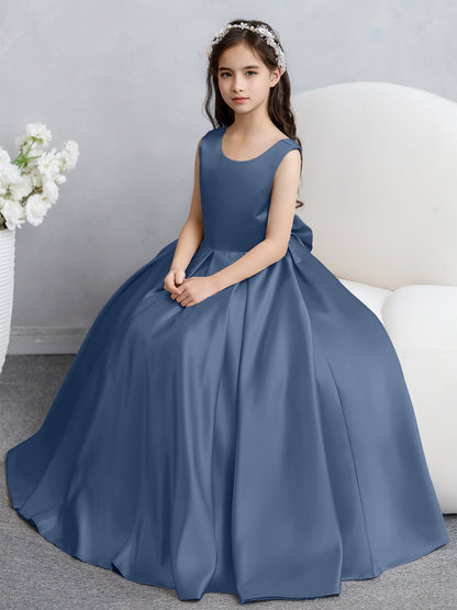 Vestidos de Flores de Cetim com Gola Redonda e Laço