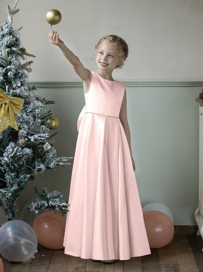 Vestidos Floridos de Cetim com Gola Redonda e Pérolas e Laço