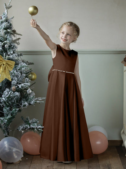 Vestidos Floridos de Cetim com Gola Redonda e Pérolas e Laço