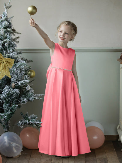 Vestidos Floridos de Cetim com Gola Redonda e Pérolas e Laço