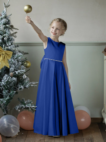 Vestidos Floridos de Cetim com Gola Redonda e Pérolas e Laço
