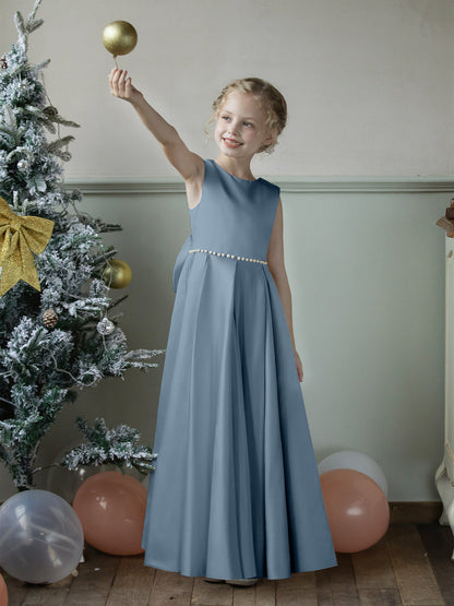 Vestidos Floridos de Cetim com Gola Redonda e Pérolas e Laço