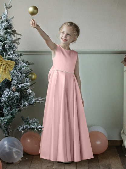 Vestidos Floridos de Cetim com Gola Redonda e Pérolas e Laço