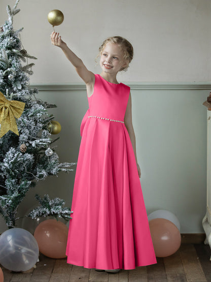 Vestidos Floridos de Cetim com Gola Redonda e Pérolas e Laço