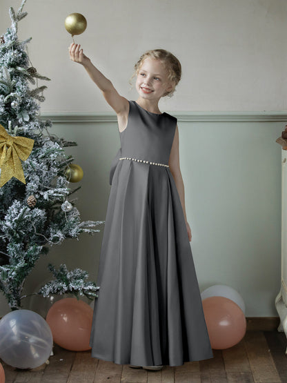 Vestidos Floridos de Cetim com Gola Redonda e Pérolas e Laço