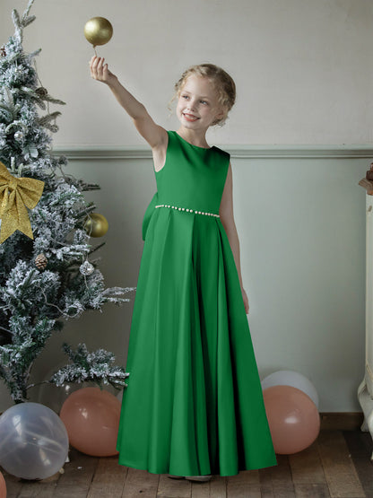 Vestidos Floridos de Cetim com Gola Redonda e Pérolas e Laço