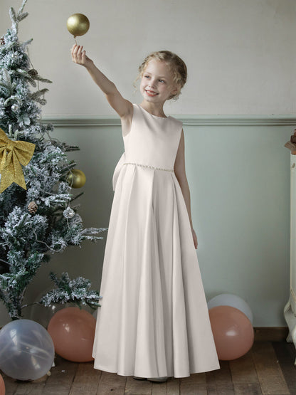 Vestidos Floridos de Cetim com Gola Redonda e Pérolas e Laço