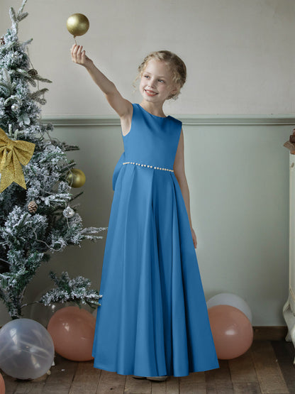Vestidos Floridos de Cetim com Gola Redonda e Pérolas e Laço