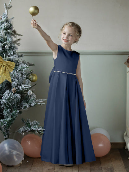 Vestidos Floridos de Cetim com Gola Redonda e Pérolas e Laço