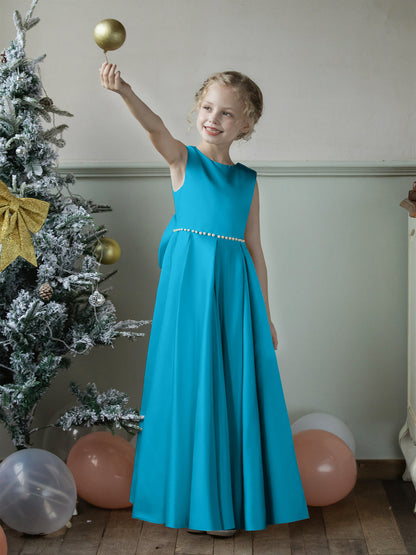 Vestidos Floridos de Cetim com Gola Redonda e Pérolas e Laço