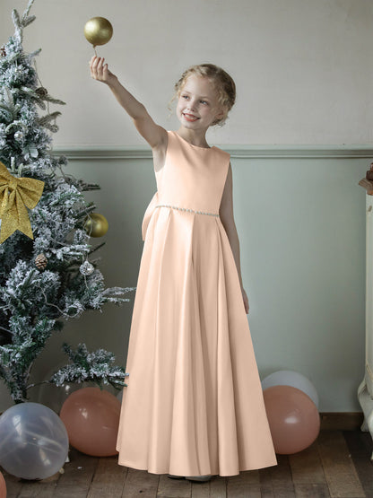 Vestidos Floridos de Cetim com Gola Redonda e Pérolas e Laço