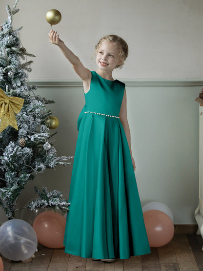 Vestidos Floridos de Cetim com Gola Redonda e Pérolas e Laço