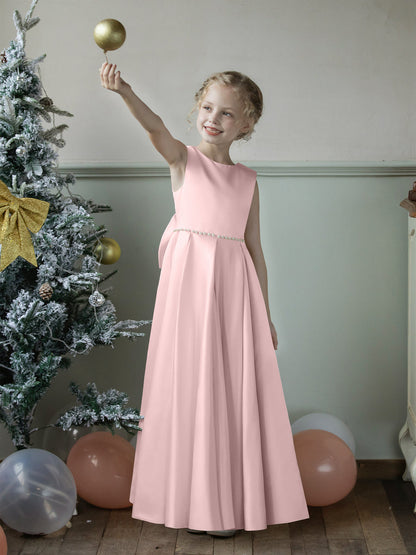 Vestidos Floridos de Cetim com Gola Redonda e Pérolas e Laço