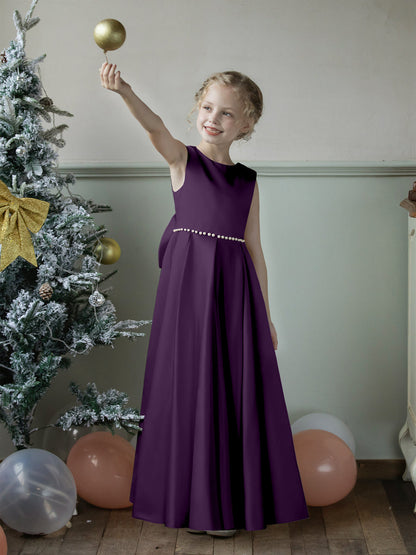 Vestidos Floridos de Cetim com Gola Redonda e Pérolas e Laço