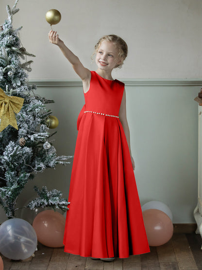 Vestidos Floridos de Cetim com Gola Redonda e Pérolas e Laço
