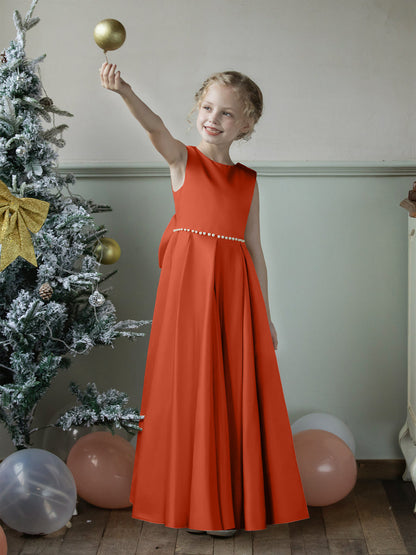 Vestidos Floridos de Cetim com Gola Redonda e Pérolas e Laço
