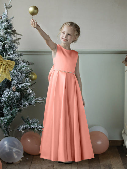 Vestidos Floridos de Cetim com Gola Redonda e Pérolas e Laço