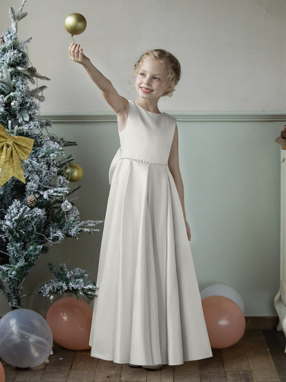 Vestidos Floridos de Cetim com Gola Redonda e Pérolas e Laço