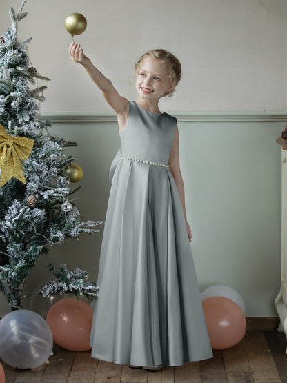 Vestidos Floridos de Cetim com Gola Redonda e Pérolas e Laço